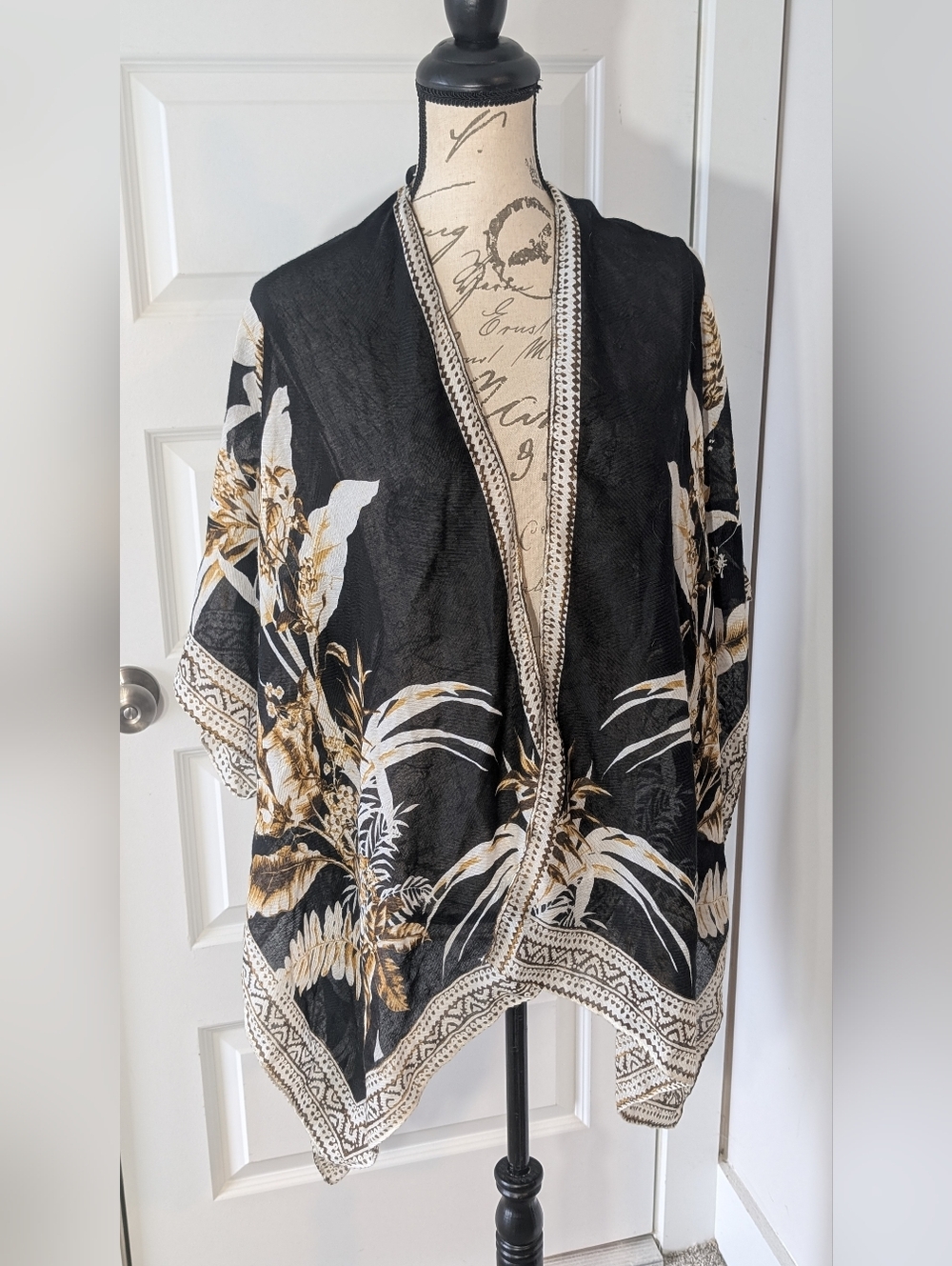 Black Floral Kimono Cover-Up with Cream & Gold Accents O/S